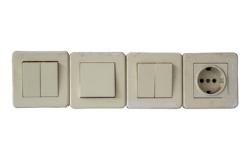 Electrical sockets and a switches isolated on white background. Electrical port. On and off switches. 
