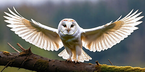 Animal wildlife photography - White barn owl ( Tyto alba ) with wings flying wide open - obrazy, fototapety, plakaty