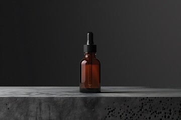 Close-up dropper bottle mockup presented from a low angle at the edge of a concrete surface and behind a black background.