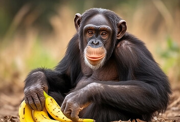 草原でバナナを手に微笑んでいるような表情のチンパンジーのリアルイラスト - obrazy, fototapety, plakaty