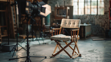 Fototapeta na wymiar Film Set Equipment, Director's Chair on Movie Set