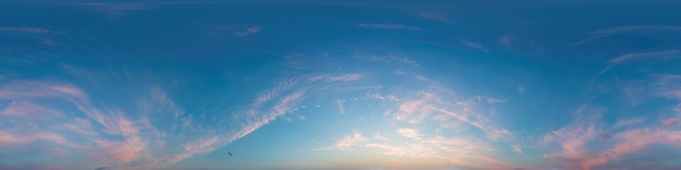 Sunset sky panorama, glowing pink Cirrus clouds, seamless 360 hdr equirectangular, great for...