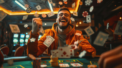 Celebrating Jackpot, Joyful Man Triumphs at Poker Table