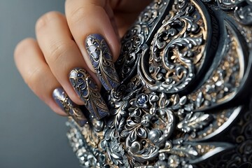 A close-up view of a hand with a stunning nail design