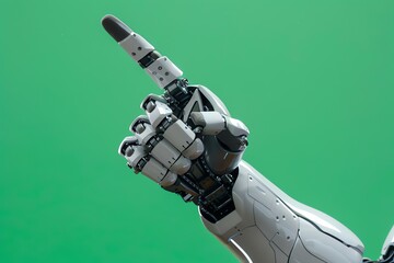 Robot hand pointing with index finger isolated green background
