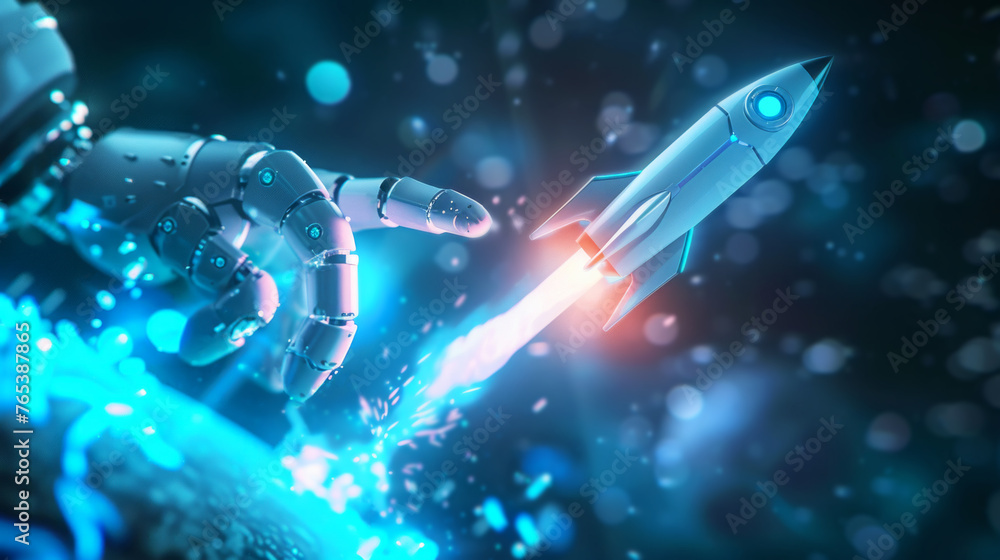 Poster futuristic representation of ai technology with a robot hand launching a rocket