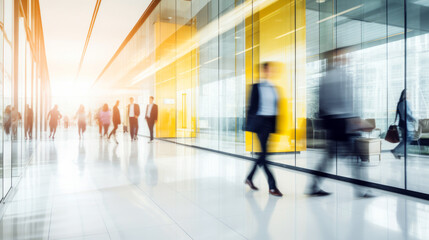 Busy office lobby with motion blur of walking people in a contemporary corporate building