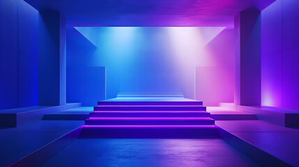 Futuristic stage with neon blue and purple lights creating a minimalist aesthetic for events