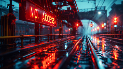 Illuminated 'NO ACCESS' sign with red lights on a rainy railway platform at night - obrazy, fototapety, plakaty