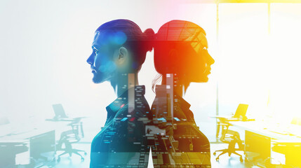 Fusion of Thoughts: Composite Image of Male and Female Silhouettes Overlaid on a Busy Corporate Office Setting