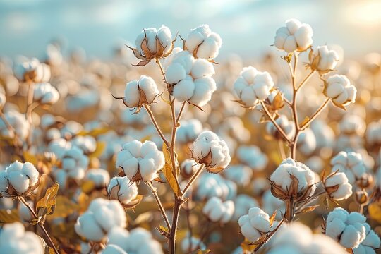Cotton farm during harvest season. Field of cotton plants with white bolls. Sustainable and eco-friendly practice on a cotton farm. Organic farming. Raw material for textile