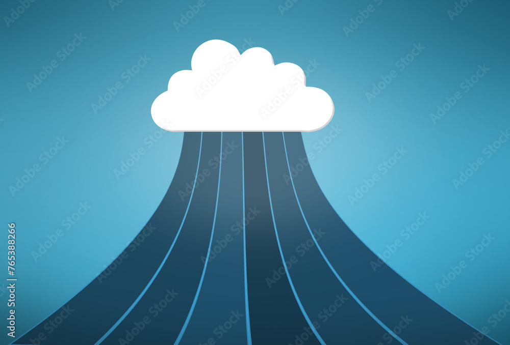 Poster cloud computing, data and path with graphic, icon and sign for streaming on blue background. network