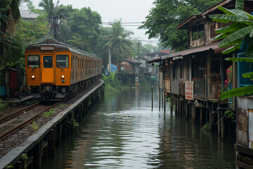 Obraz premium The train travels across the river on an iron bridge. Passing by ancient wooden houses along the river in Bangkok, Thailand