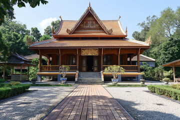 A serene and elegant scene with a blend of Thai architectural elements. traditional thai temple	
