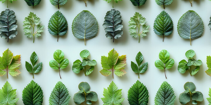 Seamless Symmetrical Green Leaf Varieties Arranged on a Light Background Pattern