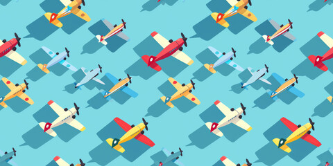 Seamless Colorful Vintage Planes in Diagonal Formation on Blue Background Pattern