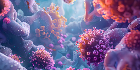  Microscopic view of virus attacking human cells , viruses are attacked by antibodies under a microscope. The body's defense mechanism against viruses and antibodies   