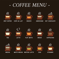 Restaurant menu coffee icons set vector line art