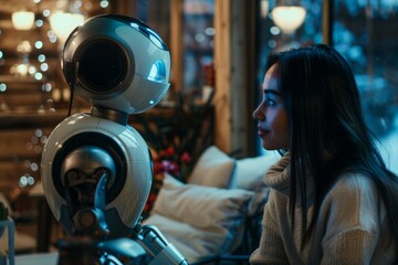 A woman interacts closely with a humanoid robot in a cozy, dimly lit living space