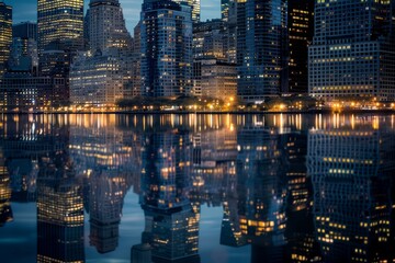 A serene cityscape at dusk, with a stunning reflection of skyscrapers on calm water