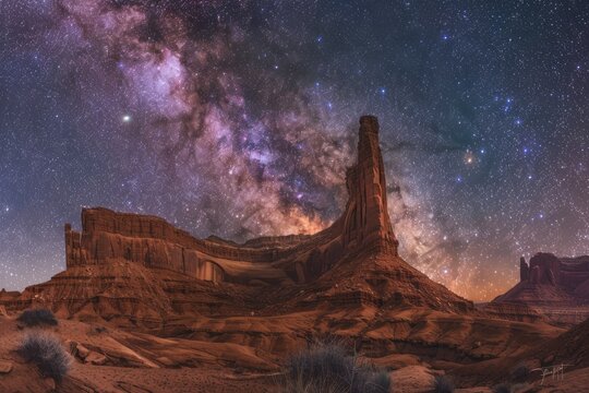 An awe-inspiring night sky blankets towering desert buttes in a national park, showcasing the Milky Way