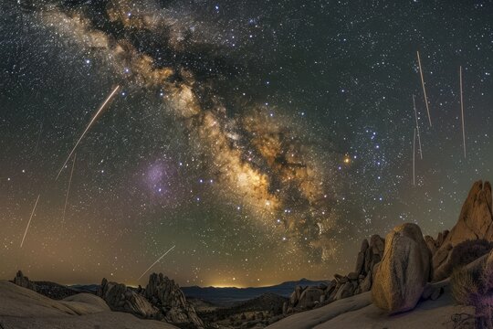 Milky Ways arc and meteors streak across the sky amidst rock formations in a national park at night