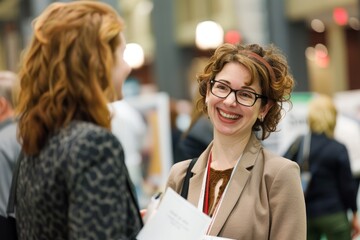 Two women with glasses engaging in conversation at a networking event