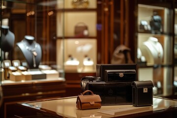 A display case showcasing a variety of high-end designer purses in a luxury boutique setting - obrazy, fototapety, plakaty