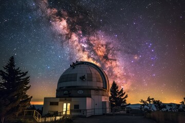 A telescope pointing towards the Milky Way galaxy in the night sky