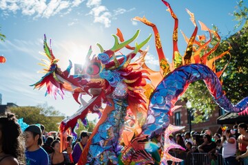 A vibrant dragon float makes its way through the parade, surrounded by cheering crowds