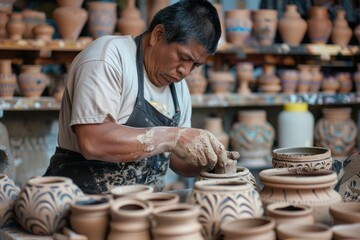 A man skillfully works on shaping pottery inside a traditional pottery shop