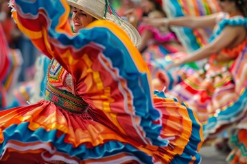 A woman wearing a vibrant dress dances energetically during a festive parade, showcasing traditional dance moves and cultural celebration