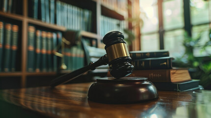 Close-Up of Judge's Gavel and Books on Desk in Law Office - obrazy, fototapety, plakaty