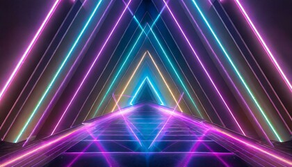 Fototapeta premium Abstract neon light geometric background. Glowing neon lines. Empty futuristic stage laser. Colorful rectangular laser lines. Square tunnel. Night club empty room. Laser show design.