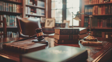 Close-Up of Judge's Gavel and Books on Desk in Law Office