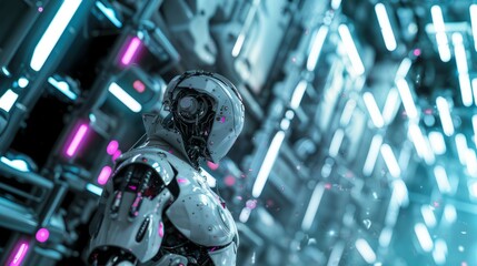 An image depicting a cybernetic robot in a dark, futuristic setting, featuring a color scheme of light azure and pink, inspired by neo-academism.