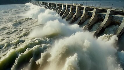 The dams spillway releasing water into a raging current below.