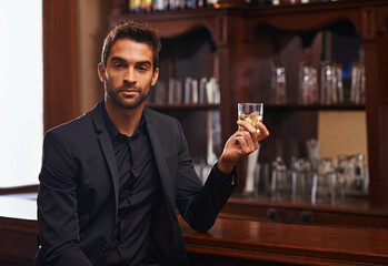 Businessman, portrait or alcohol for break in bar, serious or drink to relax on startup project....