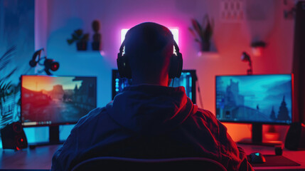 Fototapeta premium Professional Gamer Playing Video Games on RGB PC Setup