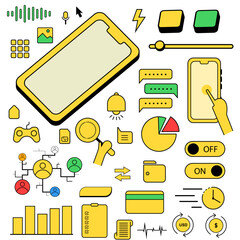 set of business and marketing icons, device icons and data management, social networking, computing, information vector style retro and vintage