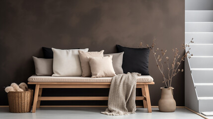 A wooden bench with a variety of throw pillows and a blanket in front of a brown wall with a plant in a vase next to it.
