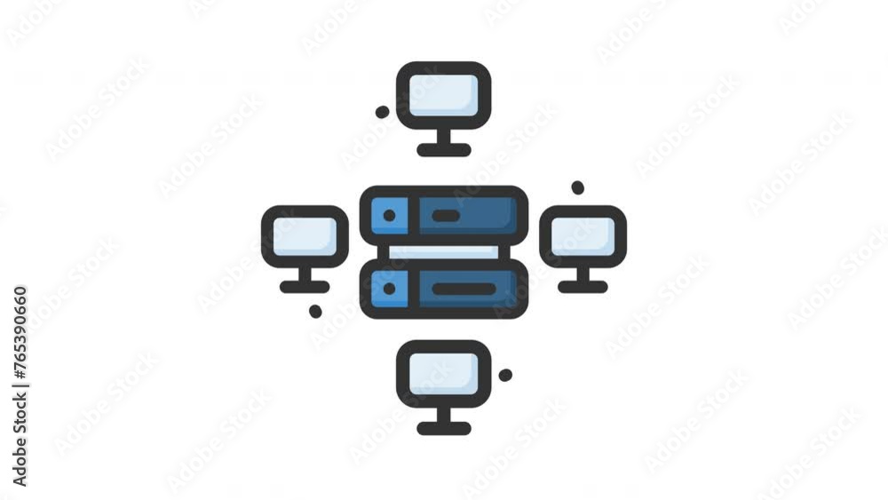 Poster animated data center with server and computer connected. ideal for remote work, technology, connecti