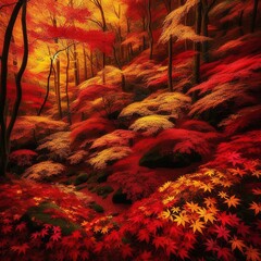 A symphony of autumn leaves in varying shades of red and gold, carpeted the forest floor with natural elegance. --ar 16:9 --v 6.0