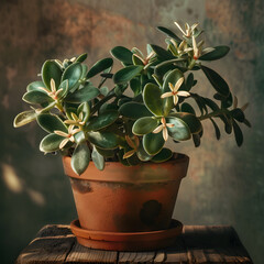 A Vibrant, Flourishing Jade Plant Blossoming in a Rustic Terracotta Pot