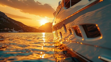 Close-up of a yacht's side on the water, with a warm sunset over the ocean and mountains in the background. - obrazy, fototapety, plakaty