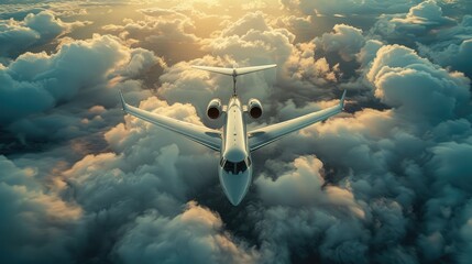 Fototapeta premium A jet flies at high altitude, basking in the golden hues of sunset with a sea of clouds below.