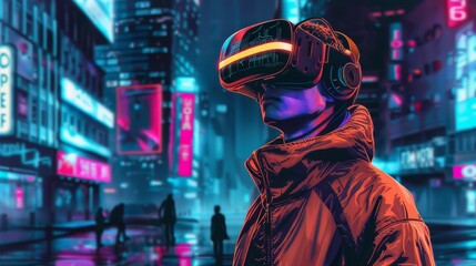 An individual wearing a VR headset outdoors at night, depicted in vibrant futurism style against a backdrop of futuristic cityscapes. 