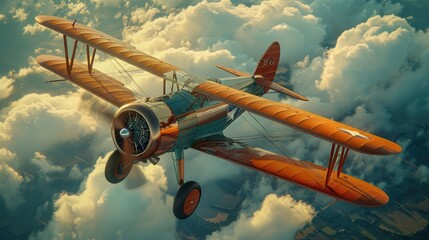 A classic biplane flying amidst fluffy clouds with a golden sunlight ambiance. - obrazy, fototapety, plakaty