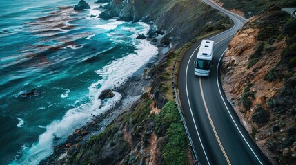 An RV travels on a winding road beside a turquoise sea and rocky cliffs under a cloudy sky.