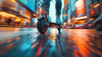 Close-up of a person riding an electric scooter in a wet urban setting at dusk, with colorful city lights. - obrazy, fototapety, plakaty